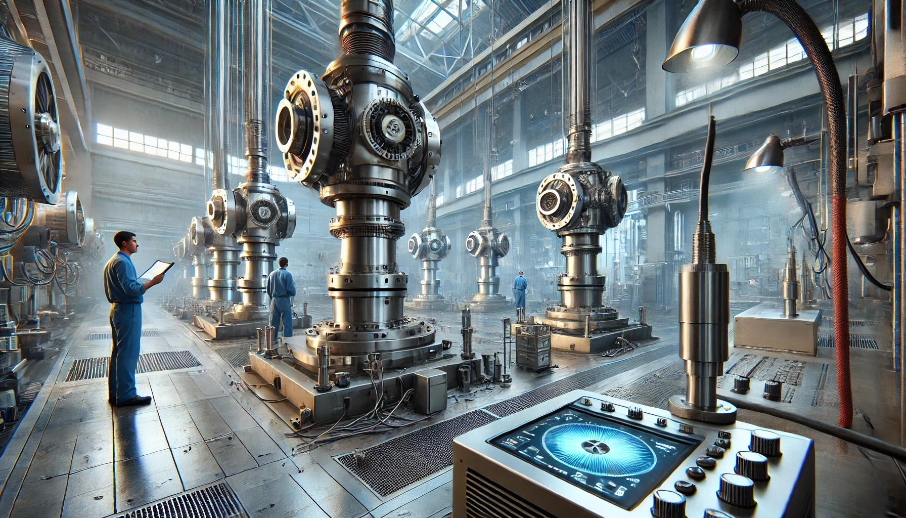 Technicians monitoring turbine systems in a smart industrial facility